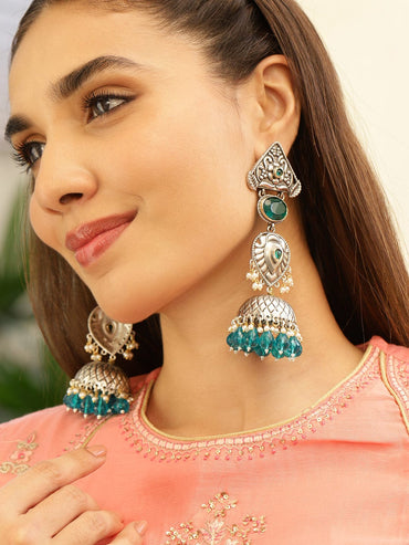 Rubans Oxidised Silver-Plated Emerald Green & Pearl Beaded Long Jhumka Earrings for Women Earrings