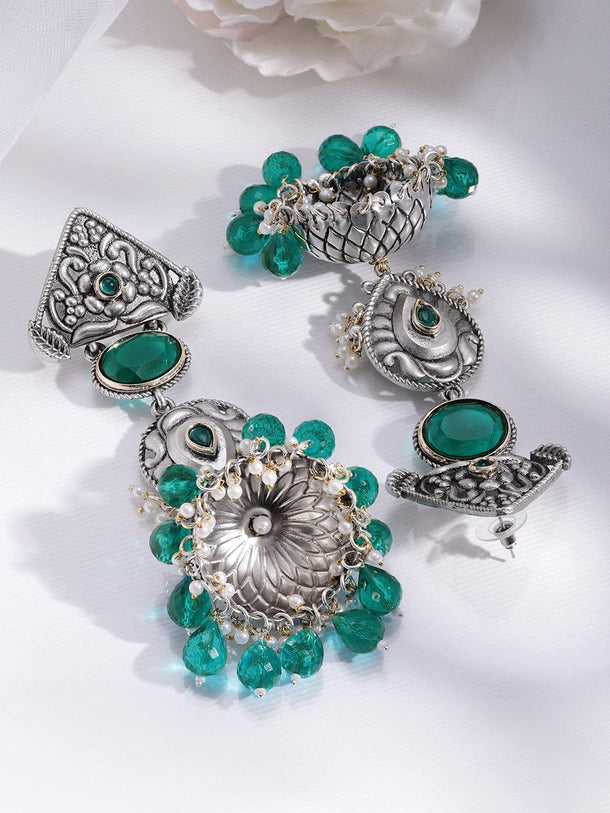 Rubans Oxidised Silver-Plated Emerald Green & Pearl Beaded Long Jhumka Earrings for Women Earrings