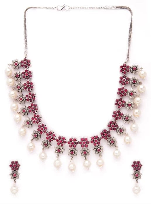 Rubans Oxidised Silver Plated Faux Ruby Floral Necklace Set Necklace Set