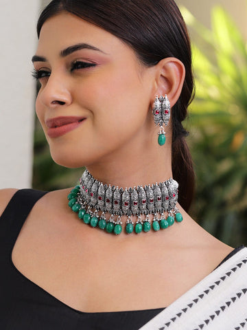 Rubans Oxidised Silver-Plated Green Beaded & Pink Stone Studded Choker Set Jewellery Set