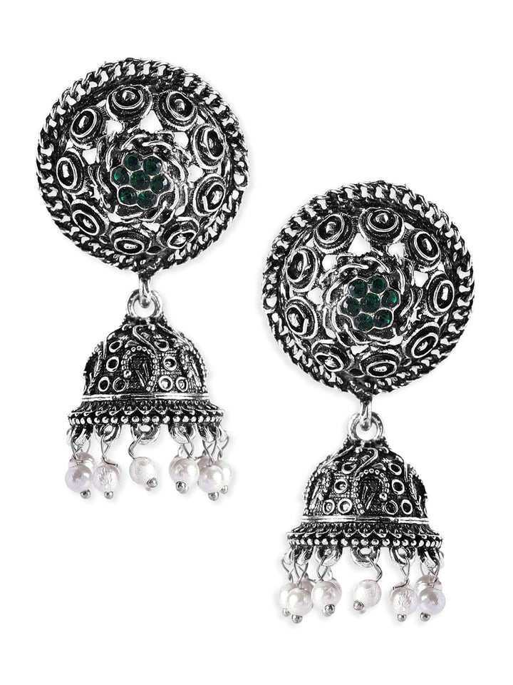 Rubans Oxidised Silver-Plated Green Stone & Pearl Beaded Jhumkas Earrings Jhumka Earrings