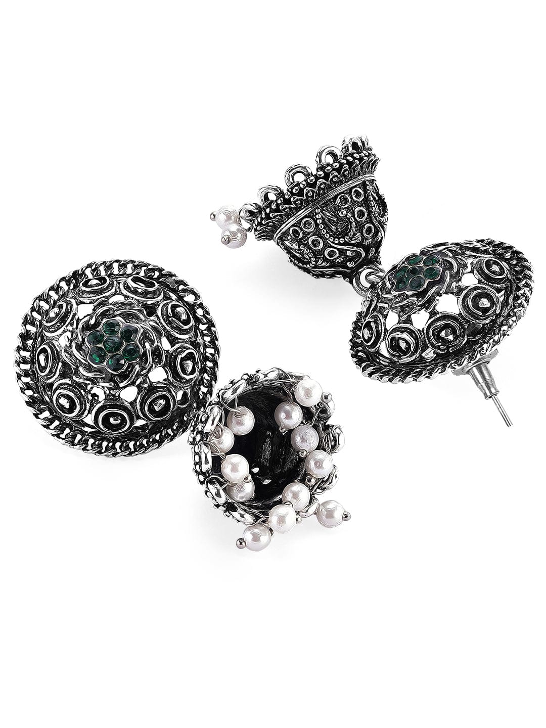 Rubans Oxidised Silver-Plated Green Stone & Pearl Beaded Jhumkas Earrings Jhumka Earrings