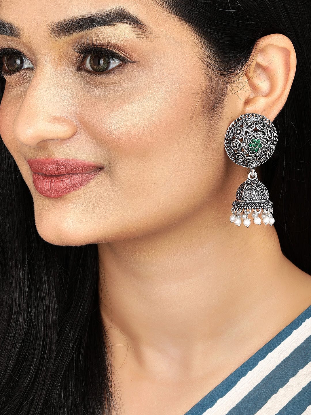 Rubans Oxidised Silver-Plated Green Stone & Pearl Beaded Jhumkas Earrings Jhumka Earrings