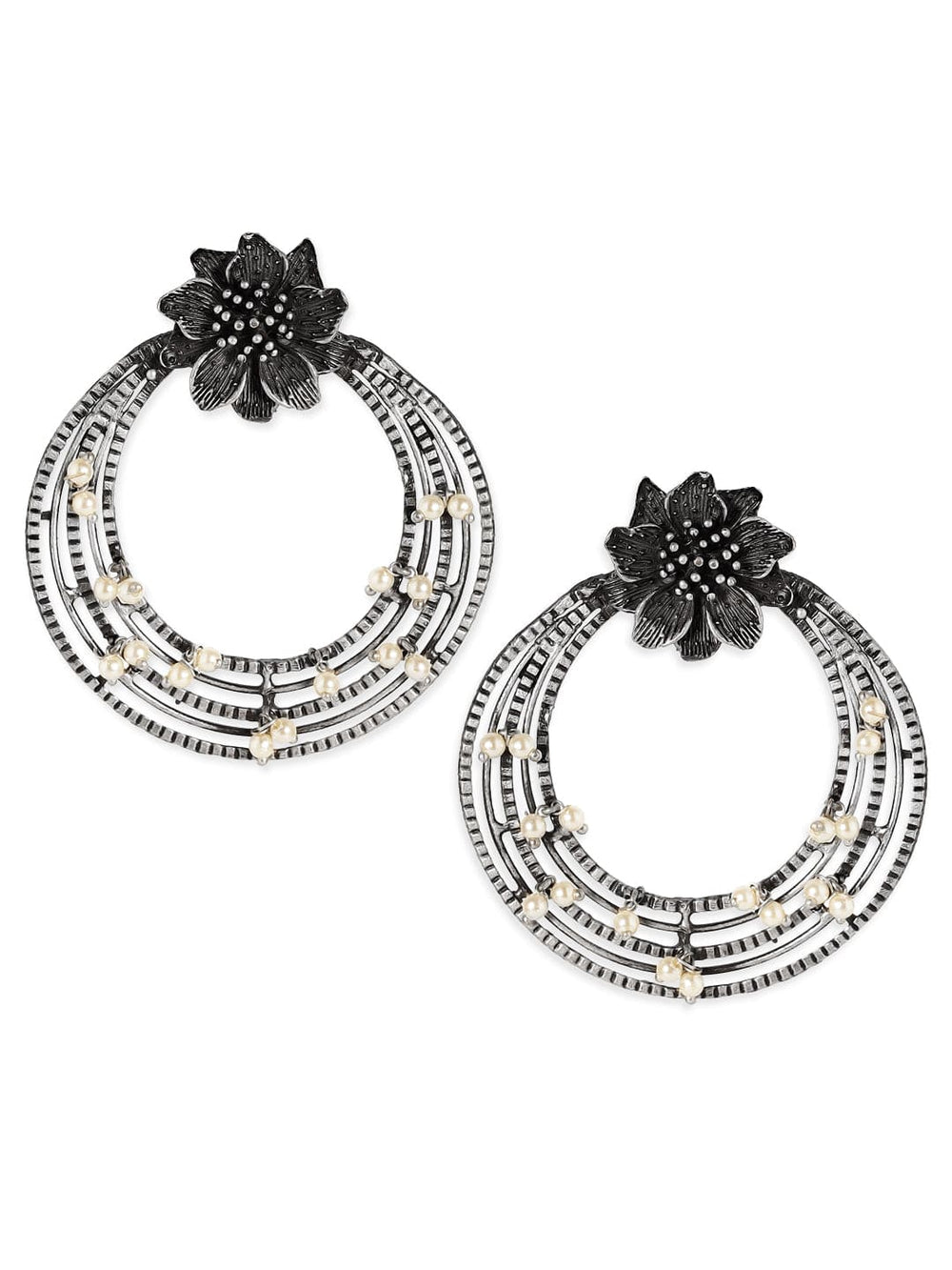 Rubans Oxidised Silver Plated Handcrafted Floral Chandbali Earrings Earrings