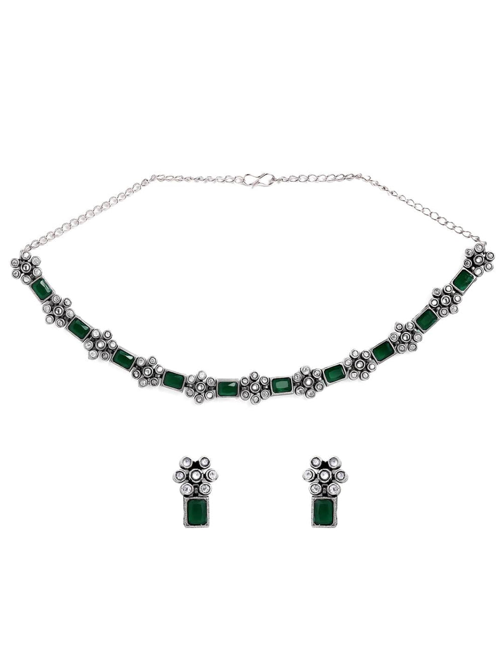 Rubans Oxidised Silver Plated Handcrafted Green Stone Floral Necklace Set Necklace Set