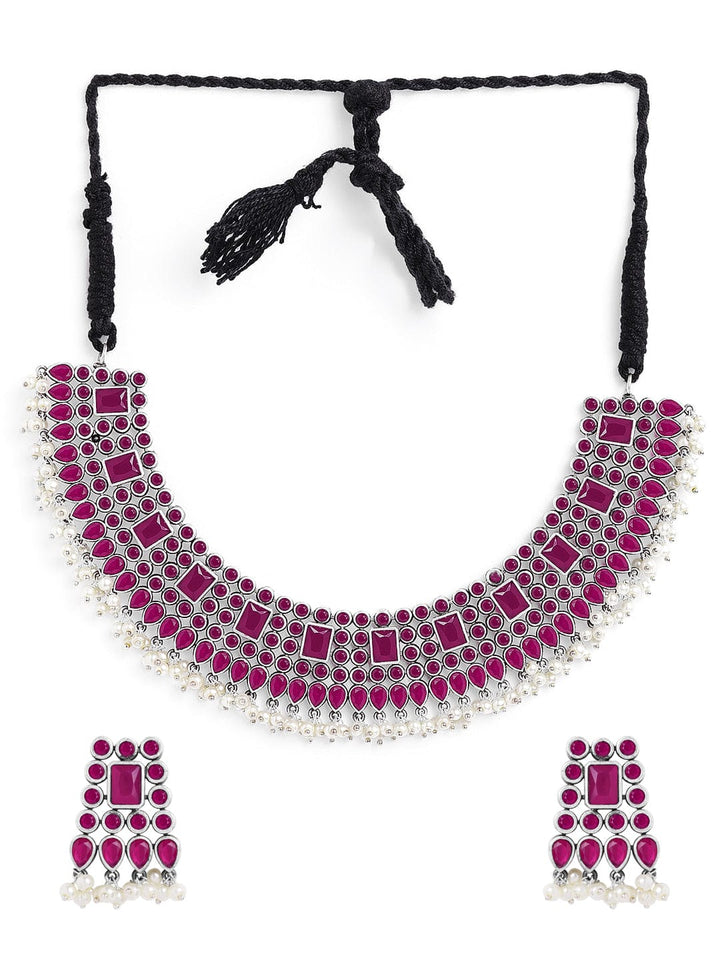 Rubans Oxidised Silver Plated Handcrafted Ruby Stone Necklace Set Necklace Set