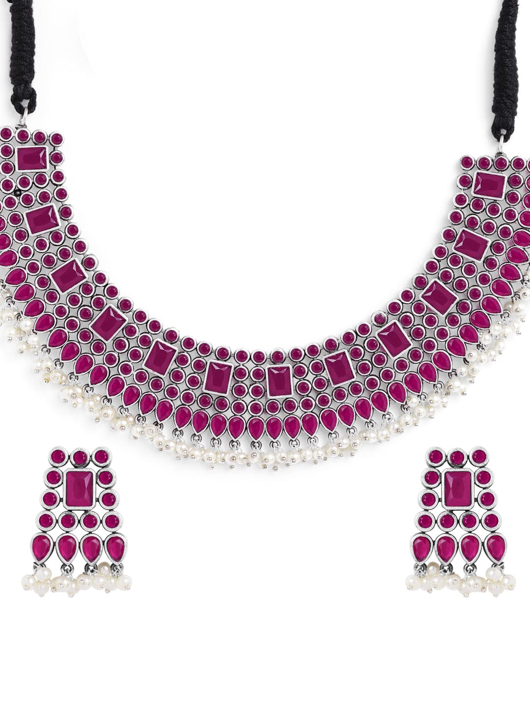 Rubans Oxidised Silver Plated Handcrafted Ruby Stone Necklace Set Necklace Set