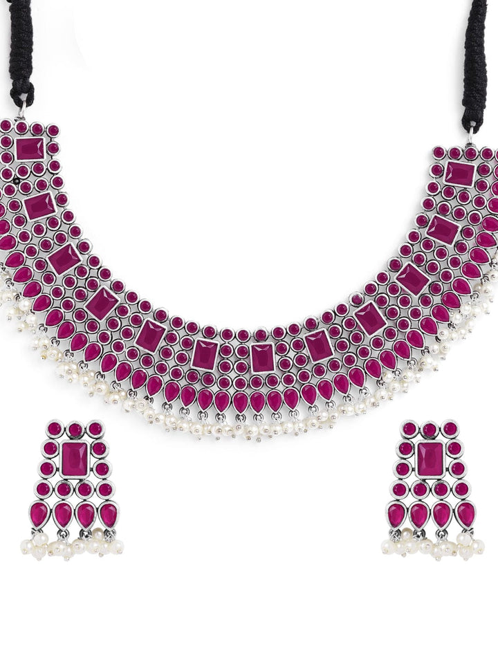 Rubans Oxidised Silver Plated Handcrafted Ruby Stone Necklace Set Necklace Set