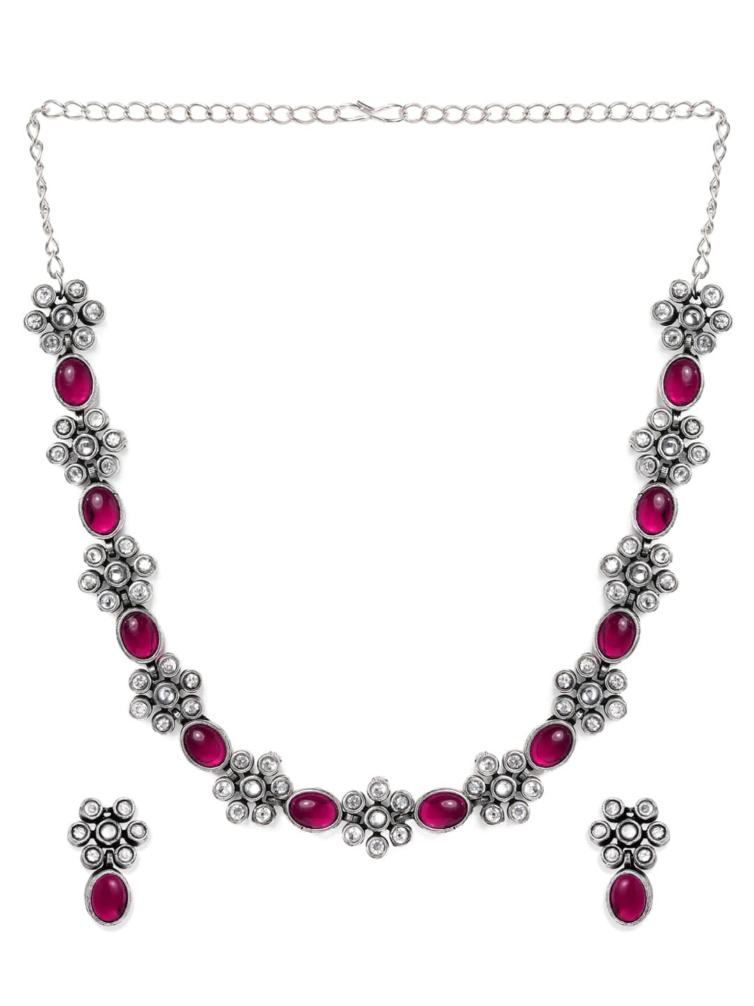 Rubans Oxidised Silver Plated Handcrafted Ruby Stone Necklace Set Necklace Set