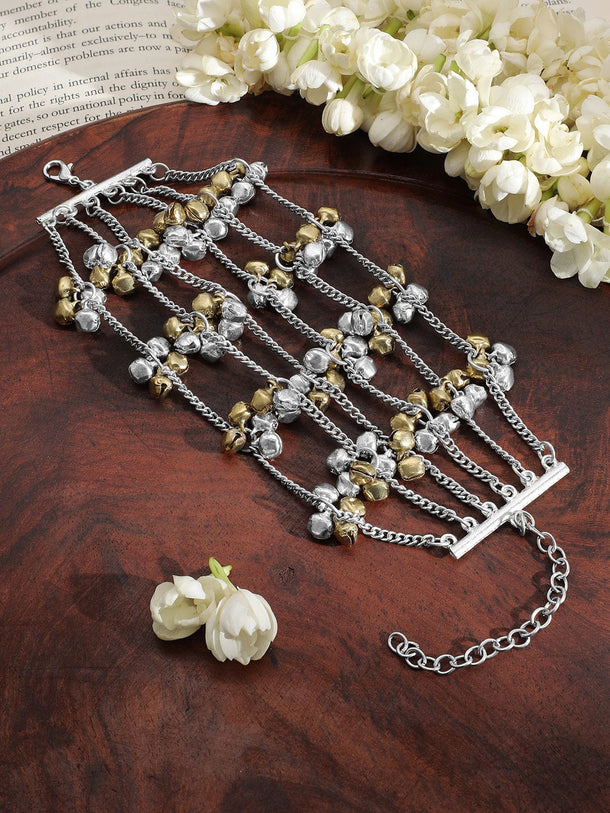 Rubans Oxidised Silver-Plated Multi-Layered Chain Bracelet with Golden & Silver Bells Wristwear