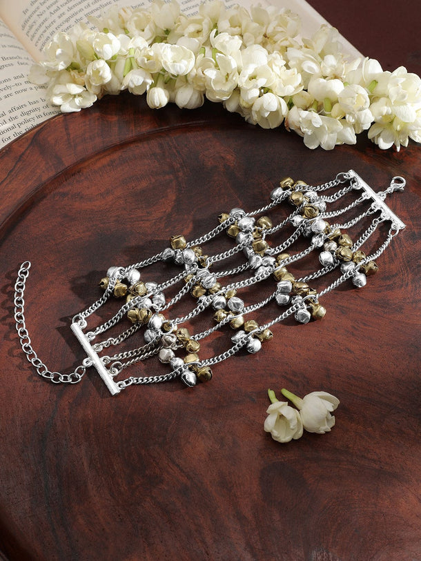 Rubans Oxidised Silver-Plated Multi-Layered Chain Bracelet with Golden & Silver Bells Wristwear