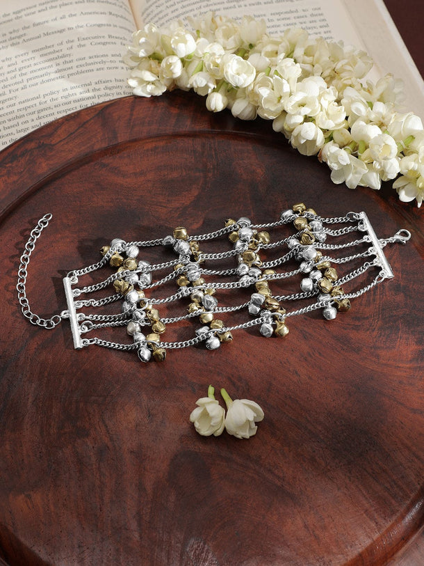 Rubans Oxidised Silver-Plated Multi-Layered Chain Bracelet with Golden & Silver Bells Wristwear