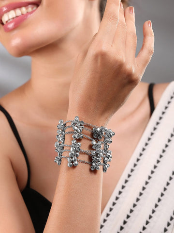 Rubans Oxidised Silver-Plated Multi-Layered Chain Bracelet with Silver Bells Bangles & Bracelet