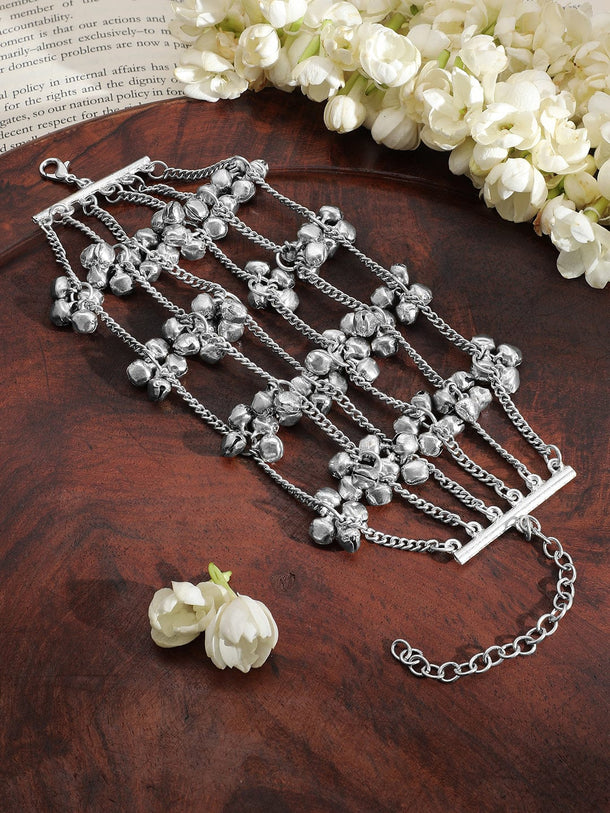 Rubans Oxidised Silver-Plated Multi-Layered Chain Bracelet with Silver Bells Wristwear