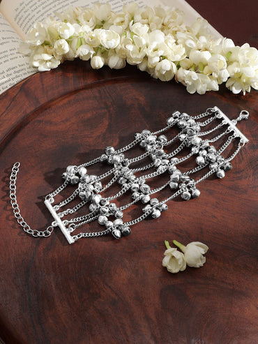 Rubans Oxidised Silver-Plated Multi-Layered Chain Bracelet with Silver Bells Wristwear