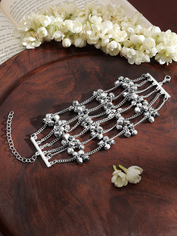 Rubans Oxidised Silver-Plated Multi-Layered Chain Bracelet with Silver Bells Wristwear