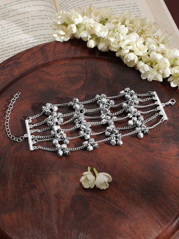 Rubans Oxidised Silver-Plated Multi-Layered Chain Bracelet with Silver Bells Wristwear