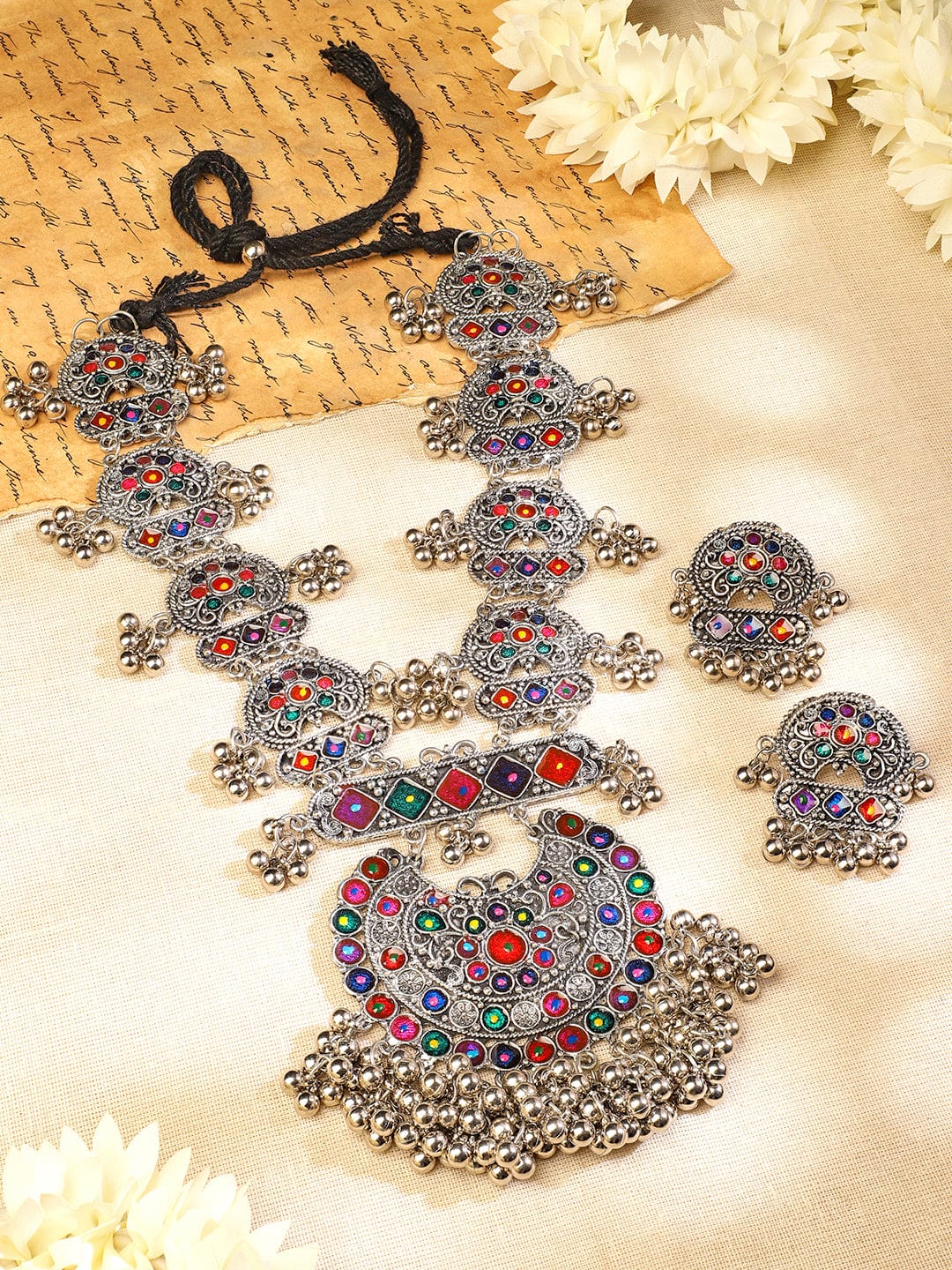 Rubans Oxidised Silver-Plated Multicolour Stone Studded Afghani Necklace Set with Ghungroo Drops for Women Jewellery Set