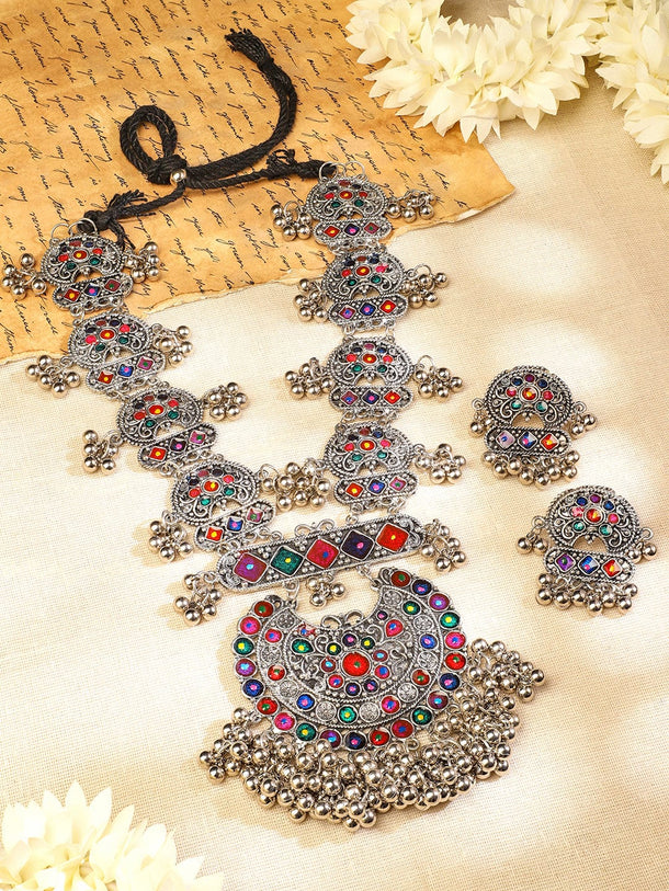 Rubans Oxidised Silver-Plated Multicolour Stone Studded Afghani Necklace Set with Ghungroo Drops for Women Jewellery Set