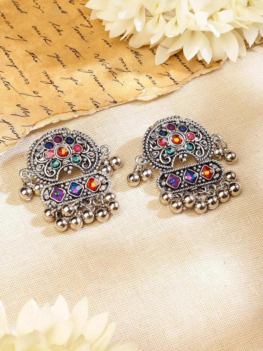 Rubans Oxidised Silver-Plated Multicolour Stone Studded Afghani Necklace Set with Ghungroo Drops for Women Jewellery Set