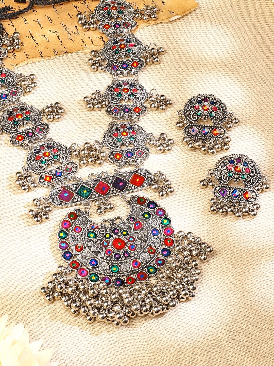 Rubans Oxidised Silver-Plated Multicolour Stone Studded Afghani Necklace Set with Ghungroo Drops for Women Jewellery Set