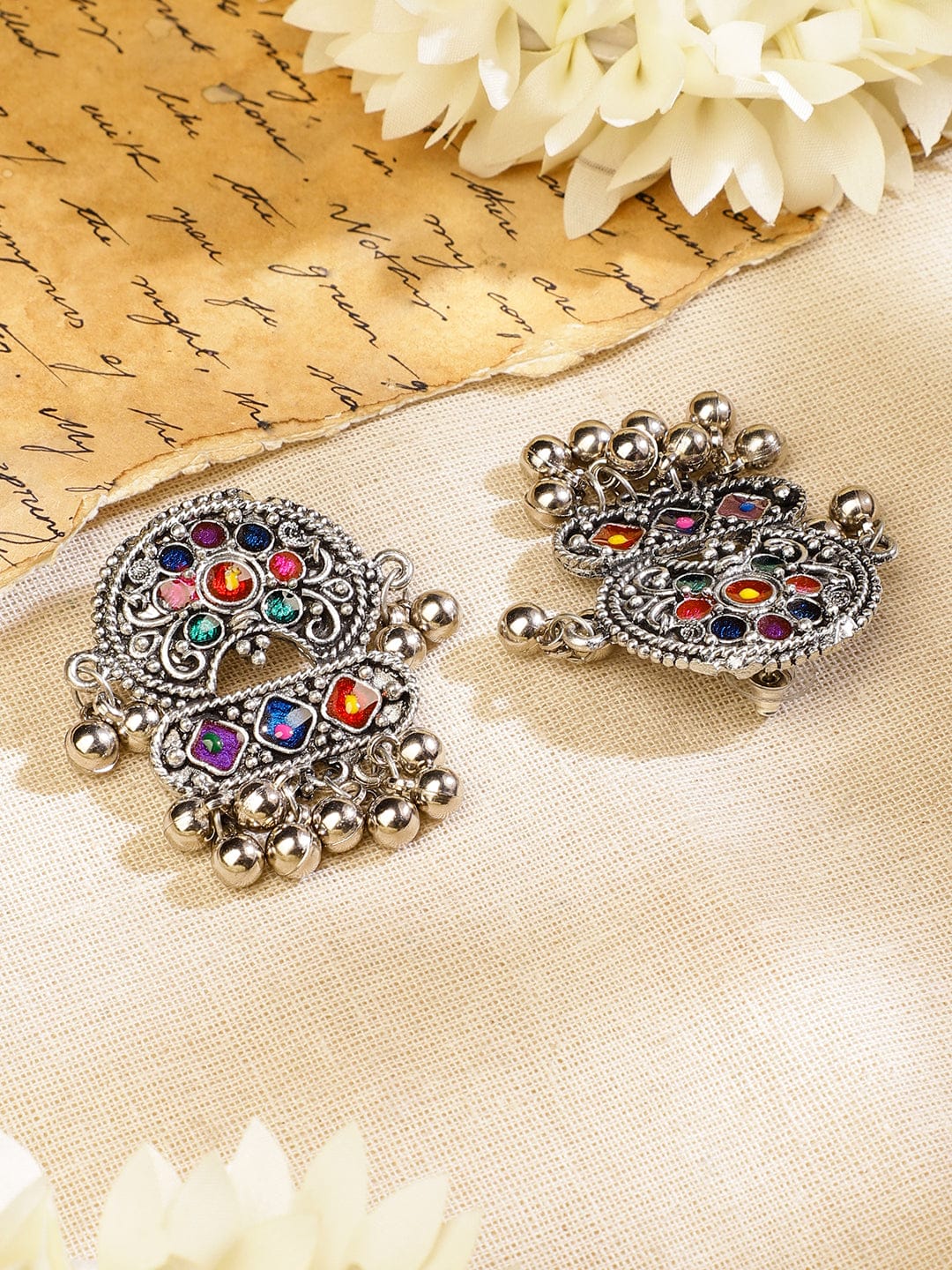 Rubans Oxidised Silver-Plated Multicolour Stone Studded Afghani Necklace Set with Ghungroo Drops for Women Jewellery Set