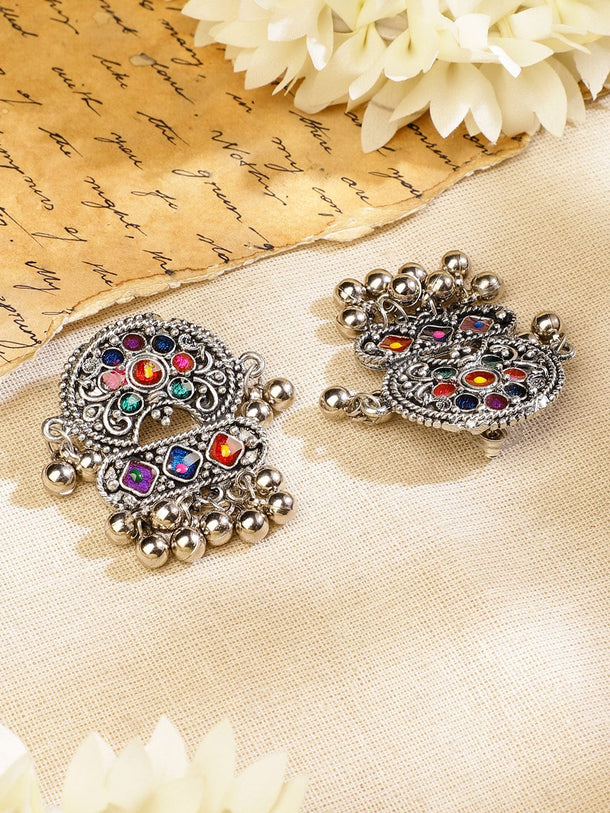 Rubans Oxidised Silver-Plated Multicolour Stone Studded Afghani Necklace Set with Ghungroo Drops for Women Jewellery Set