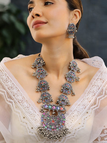 Rubans Oxidised Silver-Plated Multicolour Stone Studded Afghani Necklace Set with Ghungroo Drops for Women Necklace Set