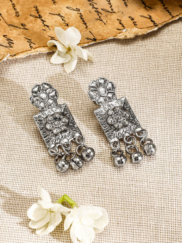 Rubans Oxidised Silver-Plated Necklace Set with Intricate Square Motifs & Silver Beads Jewellery Set