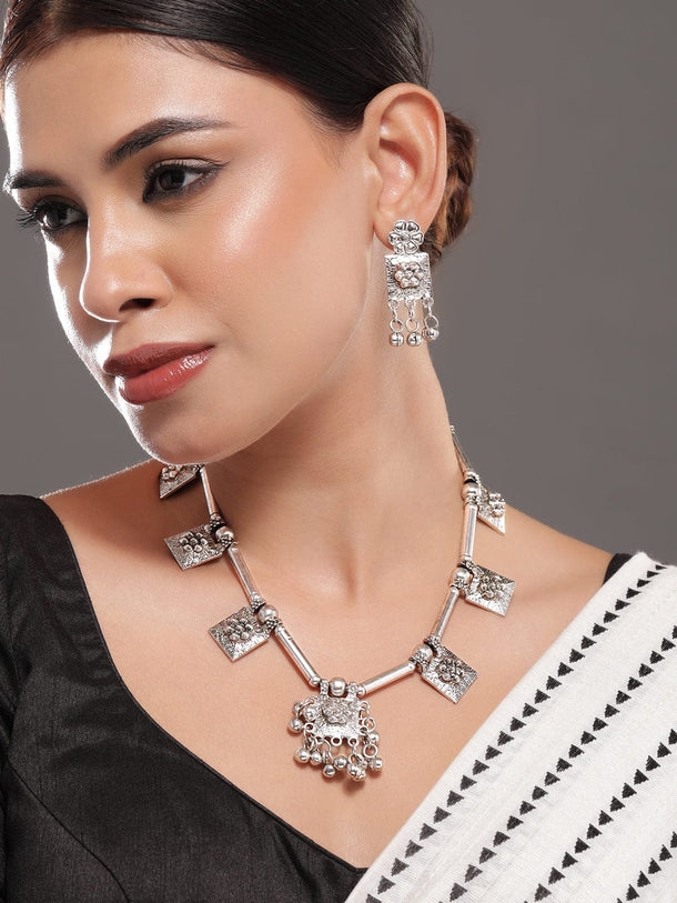 Rubans Oxidised Silver-Plated Necklace Set with Intricate Square Motifs & Silver Beads Jewellery Set