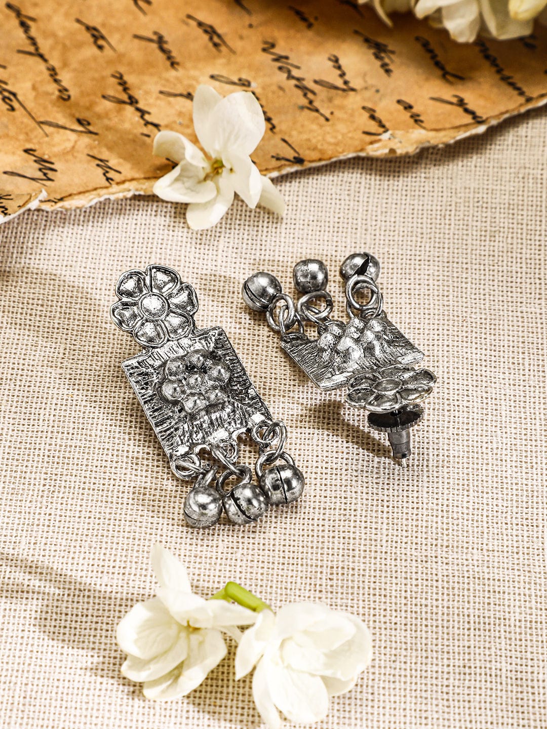 Rubans Oxidised Silver-Plated Necklace Set with Intricate Square Motifs & Silver Beads Jewellery Set