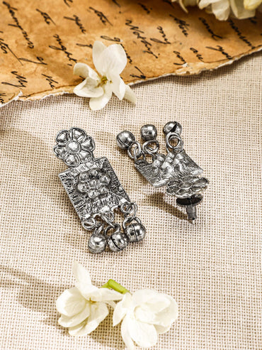 Rubans Oxidised Silver-Plated Necklace Set with Intricate Square Motifs & Silver Beads Jewellery Set