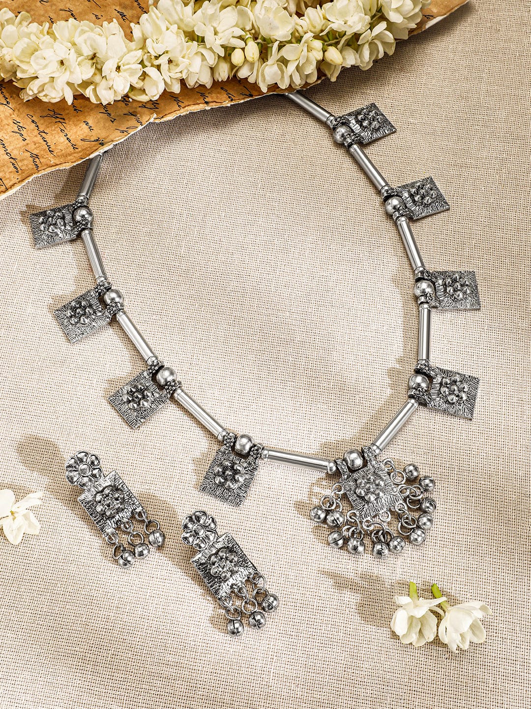 Rubans Oxidised Silver-Plated Necklace Set with Intricate Square Motifs & Silver Beads Jewellery Set
