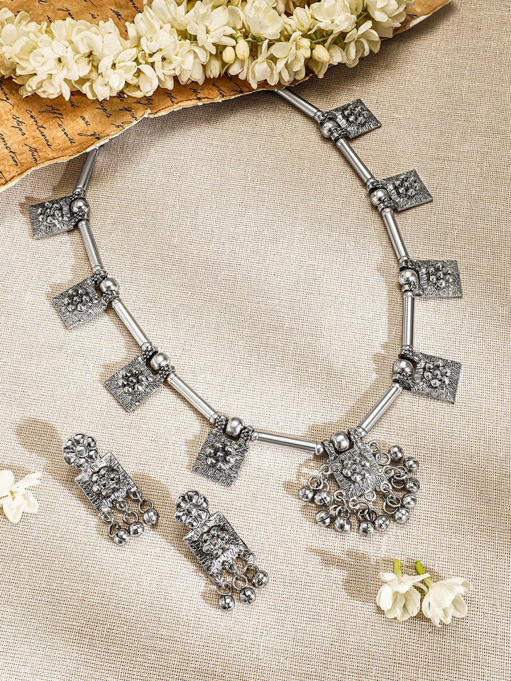 Rubans Oxidised Silver-Plated Necklace Set with Intricate Square Motifs & Silver Beads Jewellery Set