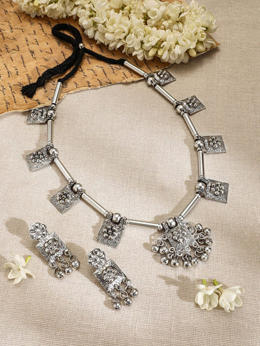 Rubans Oxidised Silver-Plated Necklace Set with Intricate Square Motifs & Silver Beads Jewellery Set
