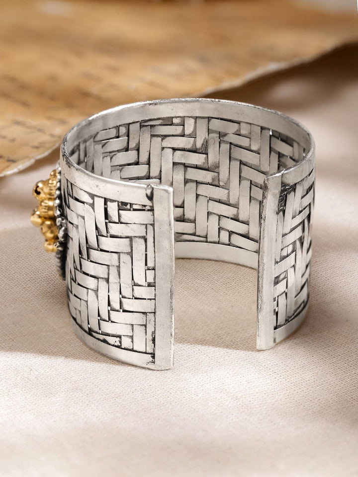 Rubans Oxidised Silver-Plated Open Cuff Bracelet with Emerald Green Stones & Golden Beads Wristwear