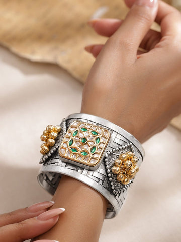 Rubans Oxidised Silver-Plated Open Cuff Bracelet with Emerald Green Stones & Golden Beads Wristwear
