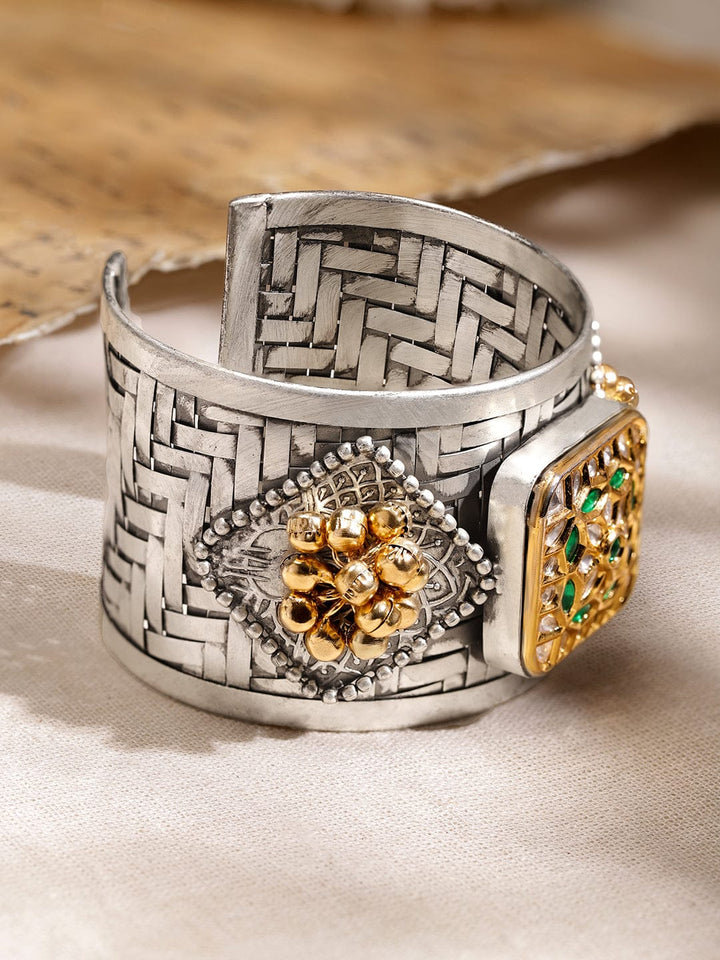 Rubans Oxidised Silver-Plated Open Cuff Bracelet with Emerald Green Stones & Golden Beads Wristwear