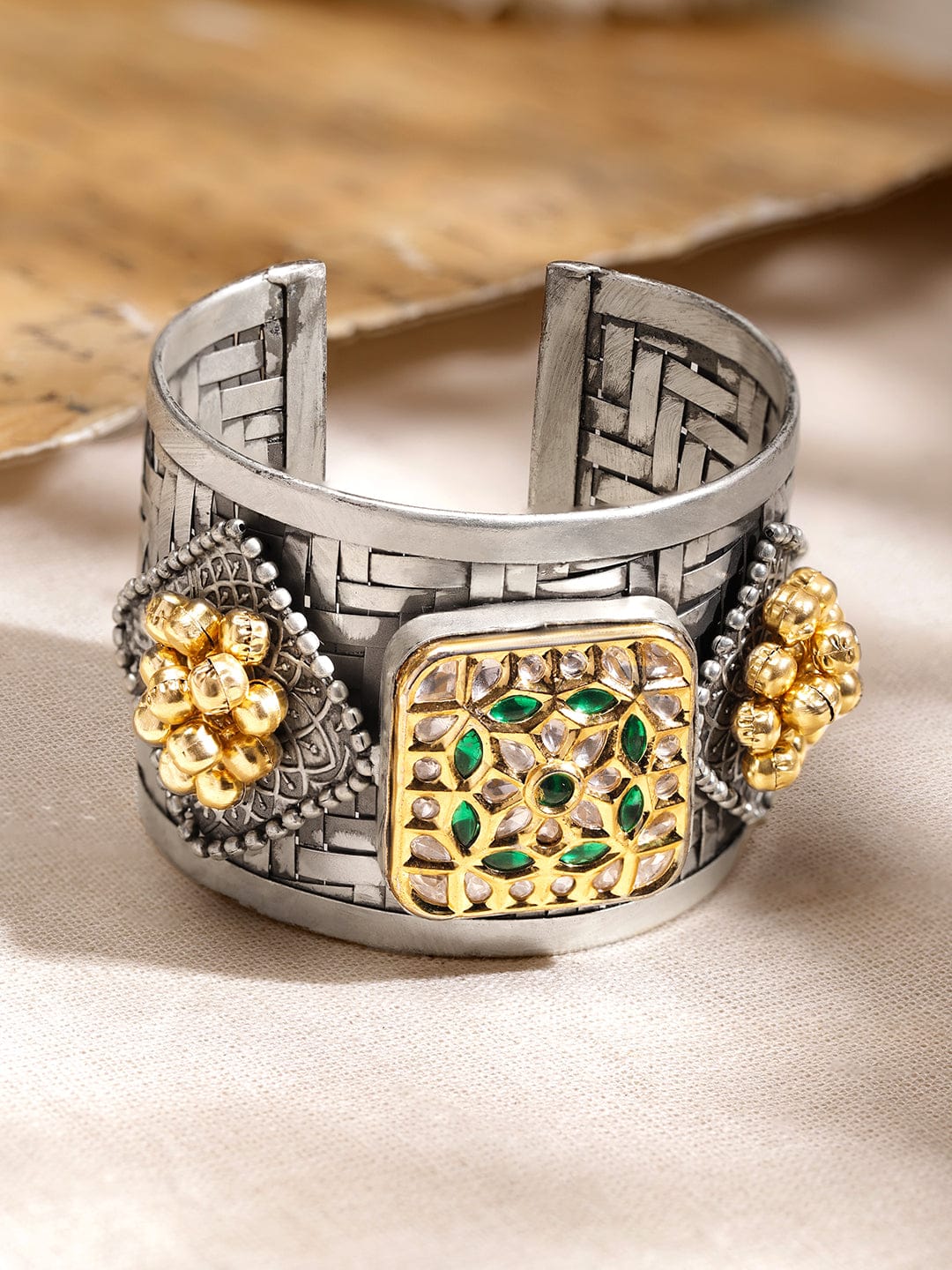 Rubans Oxidised Silver-Plated Open Cuff Bracelet with Emerald Green Stones & Golden Beads Wristwear