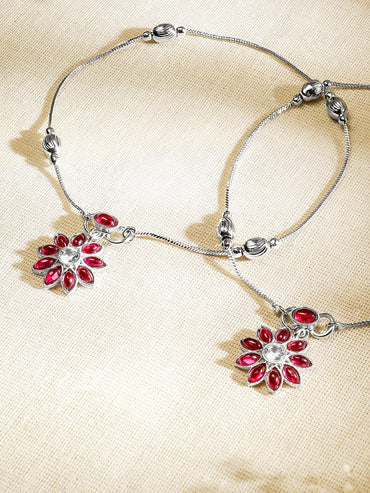 Rubans Oxidised Silver-Plated Ruby Pink & White Kundan Studded Floral Charm Anklet Set of 2 for Women Anklets