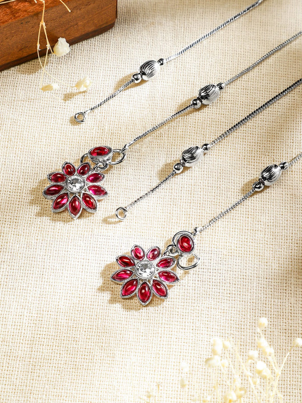 Rubans Oxidised Silver-Plated Ruby Pink & White Kundan Studded Floral Charm Anklet Set of 2 for Women Anklets