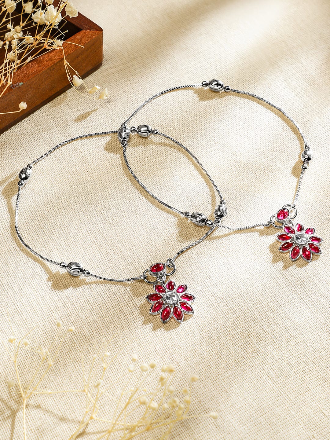 Rubans Oxidised Silver-Plated Ruby Pink & White Kundan Studded Floral Charm Anklet Set of 2 for Women Jewellery Set