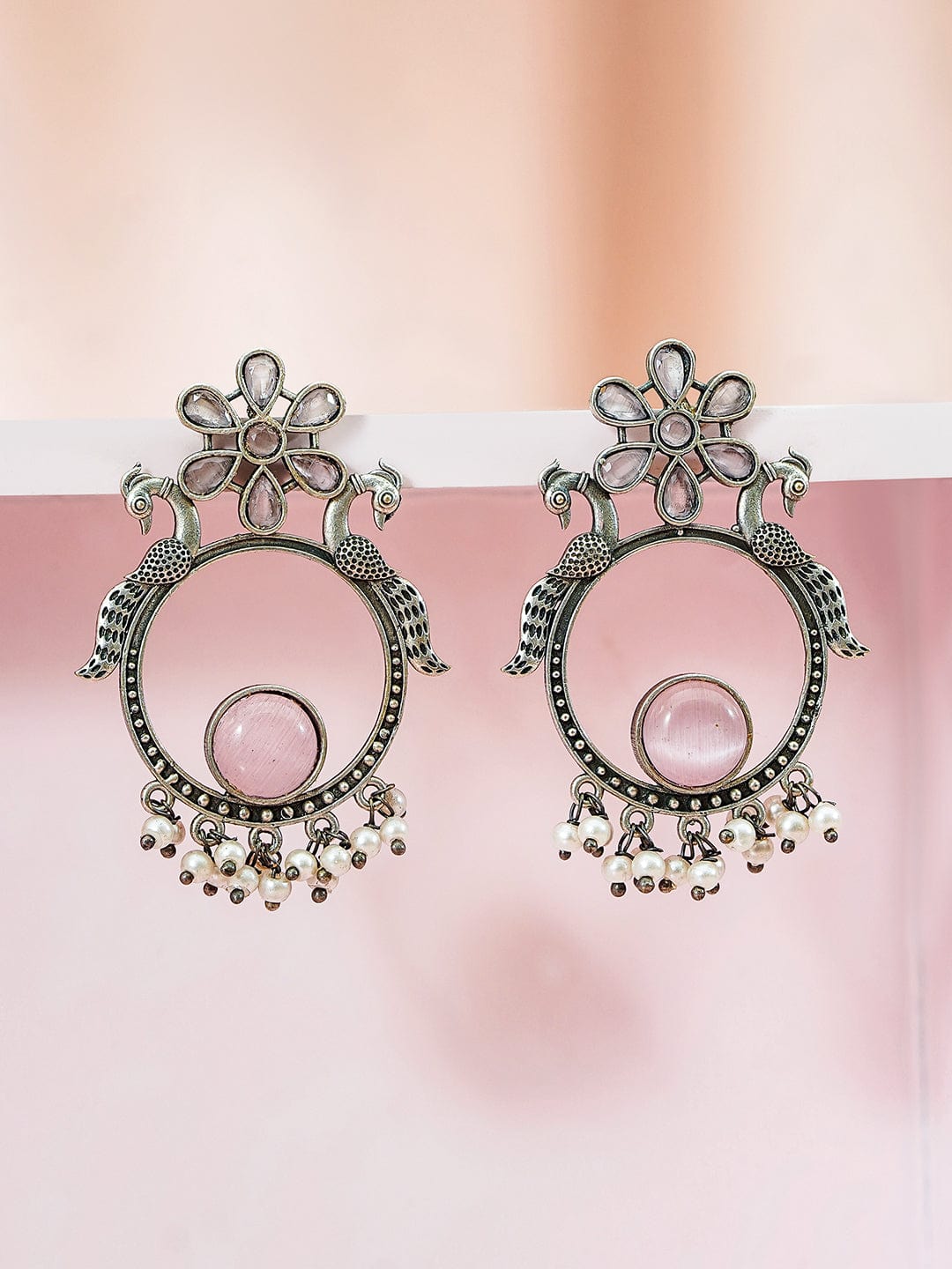 Rubans Oxidised Silver-Toned Earrings with Peacock Motif, Pastel Pink Stones & Pearl Drops Earrings