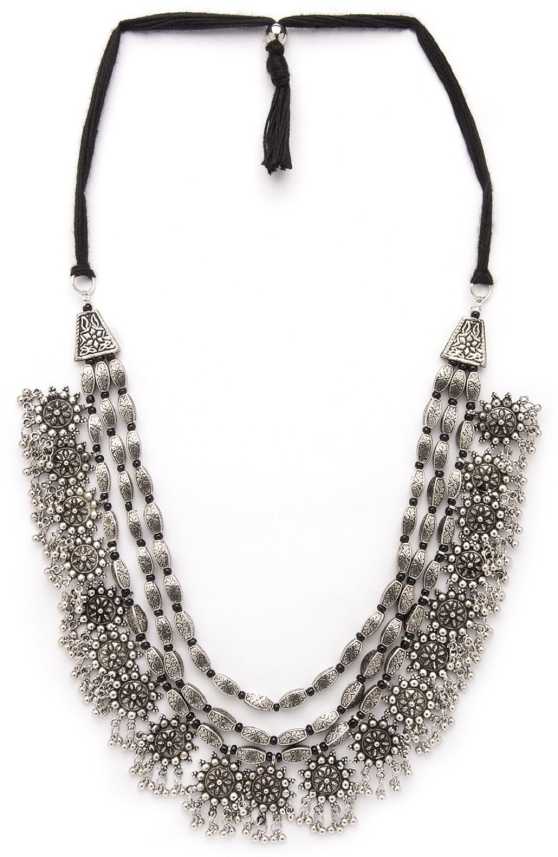 Rubans Oxidised Silver Toned Embellished With Multilayer Statement Necklace Chain & Necklaces