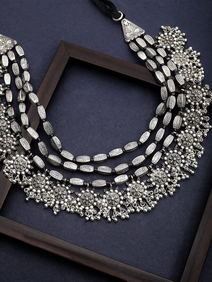 Rubans Oxidised Silver Toned Embellished With Multilayer Statement Necklace Chain & Necklaces