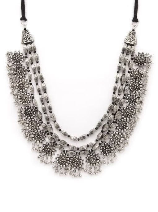 Rubans Oxidised Silver Toned Embellished With Multilayer Statement Necklace Chain & Necklaces