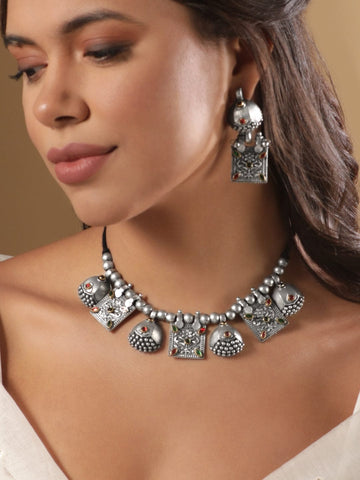 Rubans Oxidised Women Silver-Plated Kundan-Studded Jewellery Set Jewellery Sets