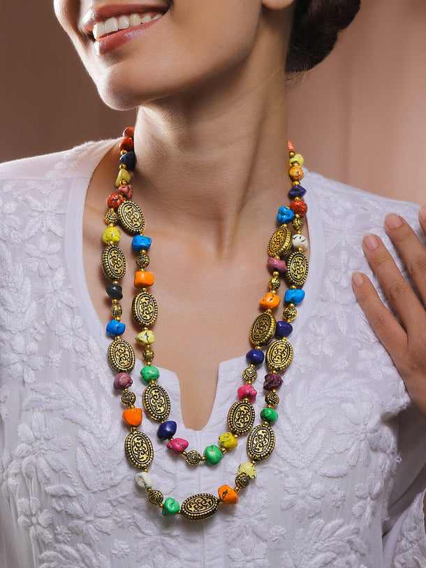 Rubans Oxidized Antique Gold-Plated Dual-Layer Necklace with Turquoise Blue Beads & Tribal Oval Discs Necklace and Chains