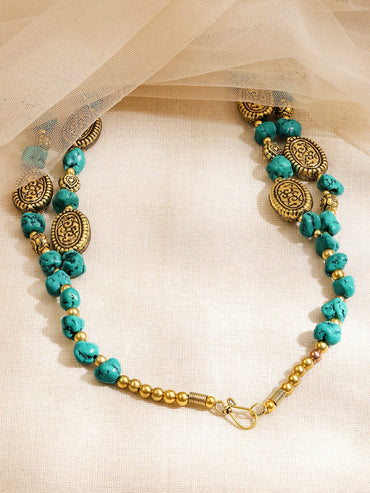 Rubans Oxidized Antique Gold-Plated Dual-Layer Necklace with Turquoise Blue Beads & Tribal Oval Discs Necklace & Chains