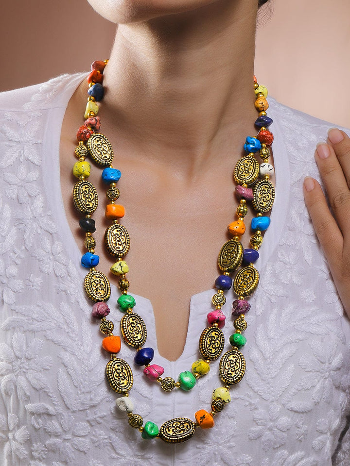 Rubans Oxidized Antique Gold-Plated Dual-Layer Necklace with Turquoise Blue Beads & Tribal Oval Discs Necklace & Chains